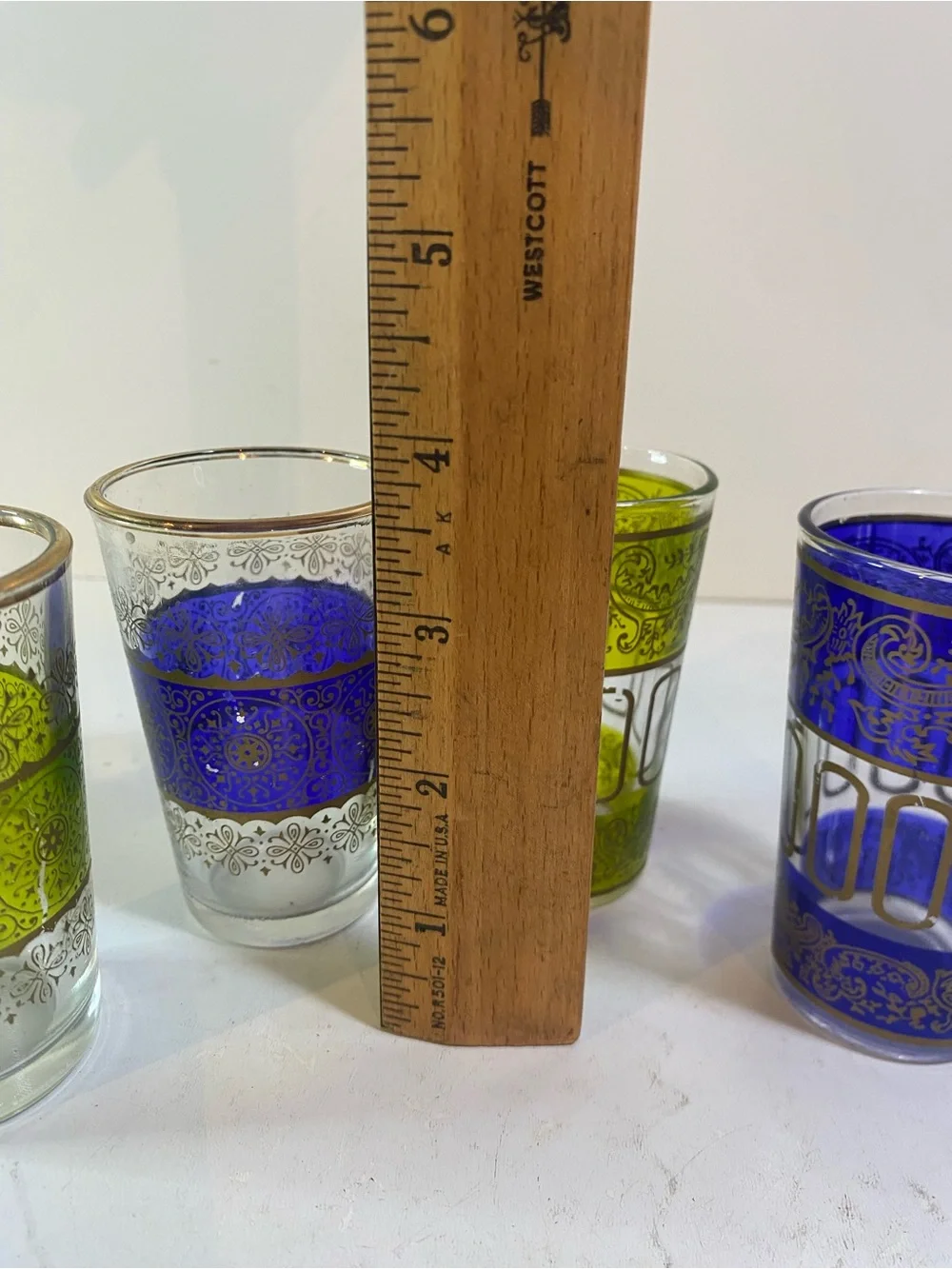 Set Of 4 Moroccan Royal Blue & Green Bar Glasses Gold Moorish Arabesque Design